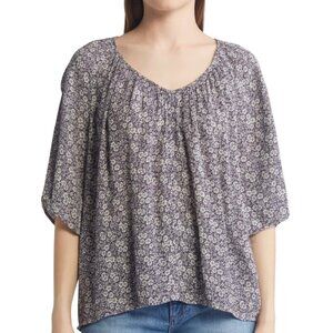FAHERTY Amira Top In Navy Ditsy Floral Women's Size L Pullover Flutter Sleeve